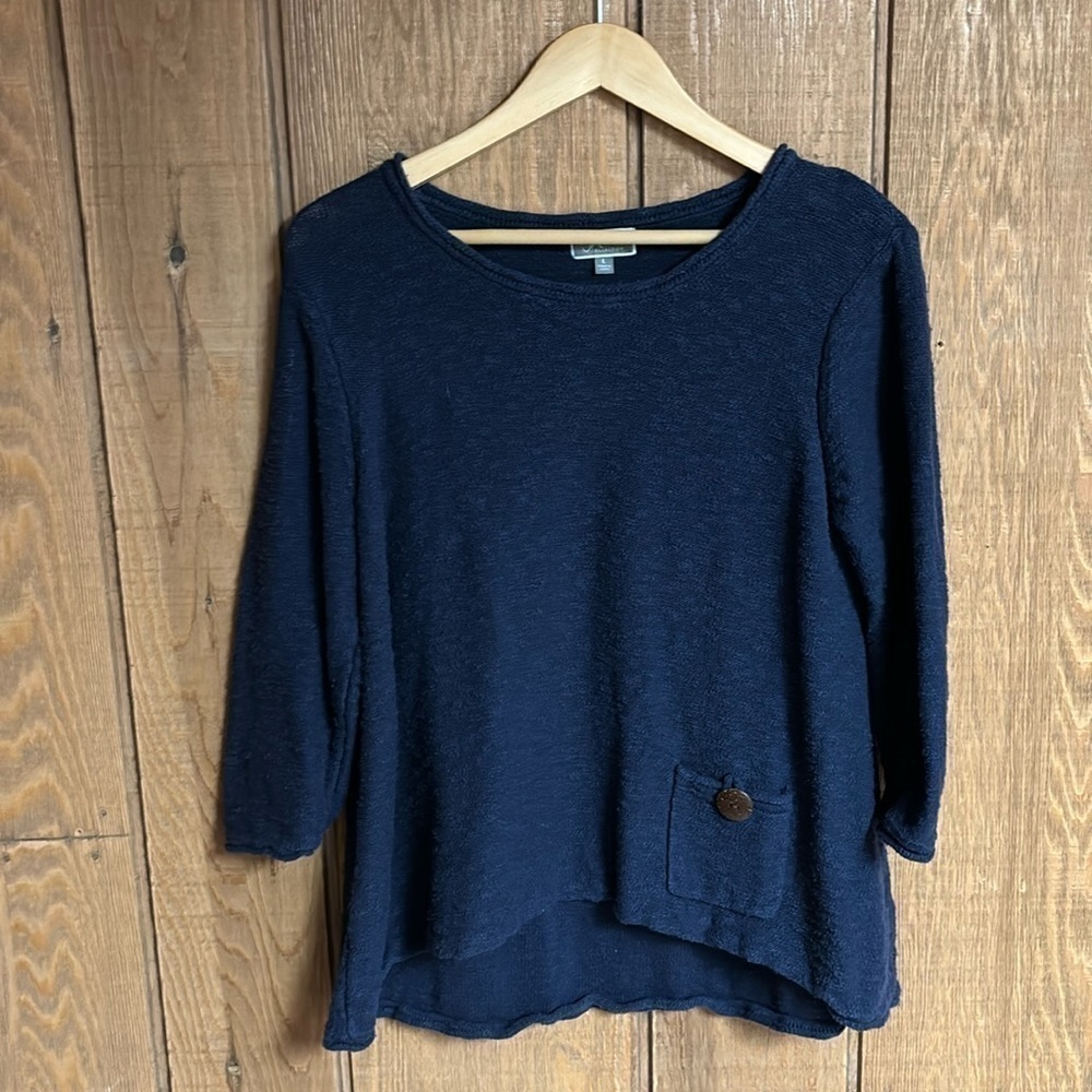 JM Collection navy blue one pocket rolled hem/trim hi lo tunic Size L